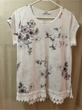 ViaVitale Floral Crochet Hem Top White Italian Viscose Boho Cottagecore M